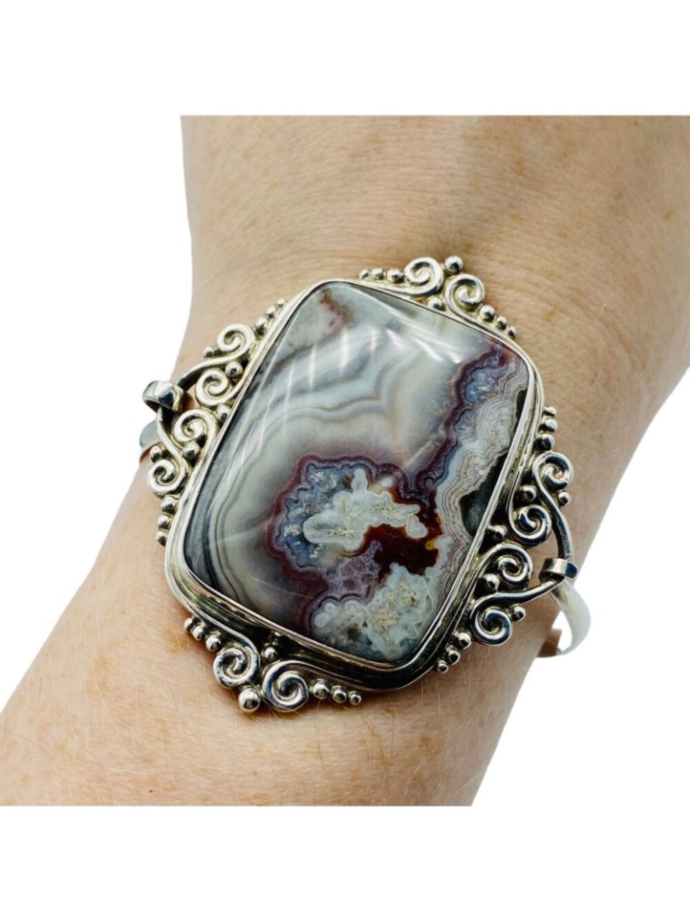 Large Sajen Sterling Silver Banded Agate Hinged Cuff Bracelet 6.75in Designer